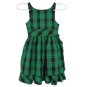Chaps green and black plaid polyester sleeveless dress with waist tie, size 8.
